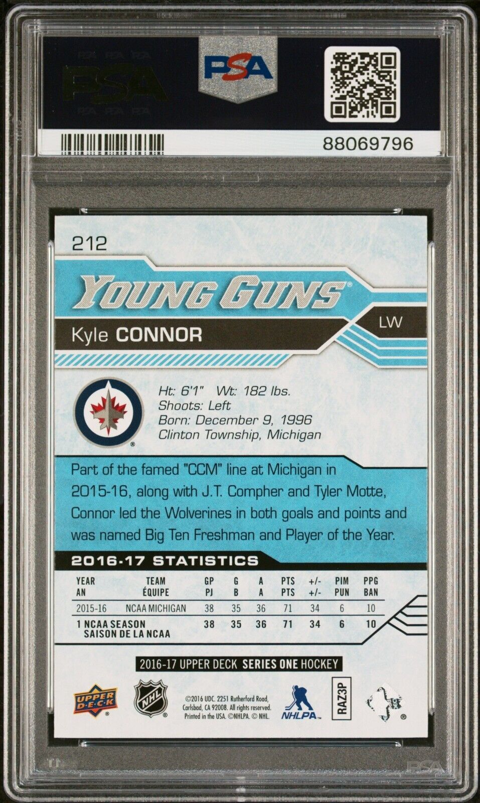 2016/17 Upper Deck Hockey Young Guns #212 Kyle Connor Rookie Card RC PSA 10