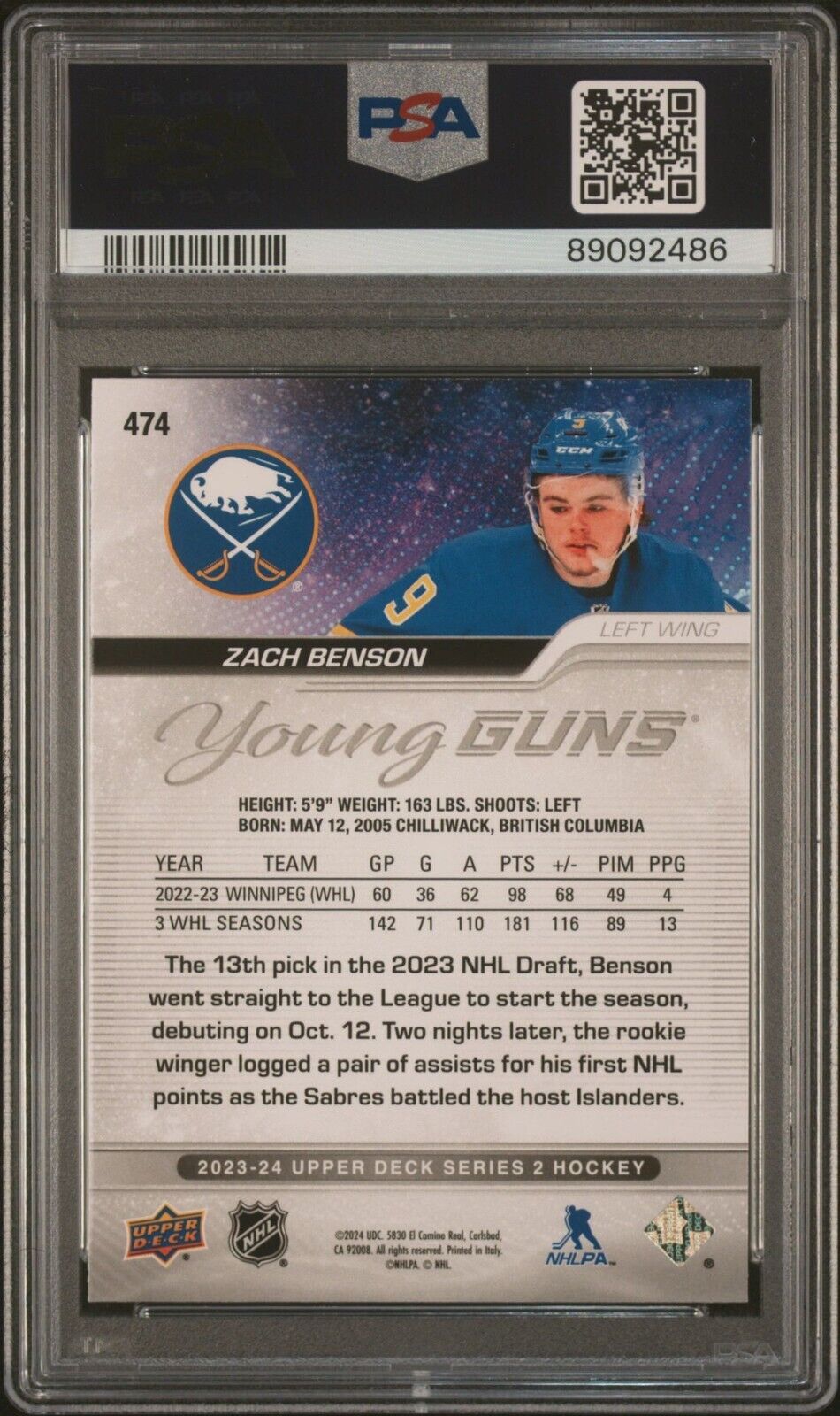 2023 Upper Deck Hockey Young Guns Silver Outburst #474 Zach Benson RC PSA 10 - 643-collectibles