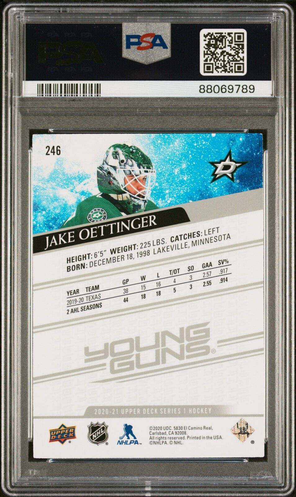 2020/21 Upper Deck Young Guns Hockey #246 Jake Oettinger Rookie Card RC PSA 10