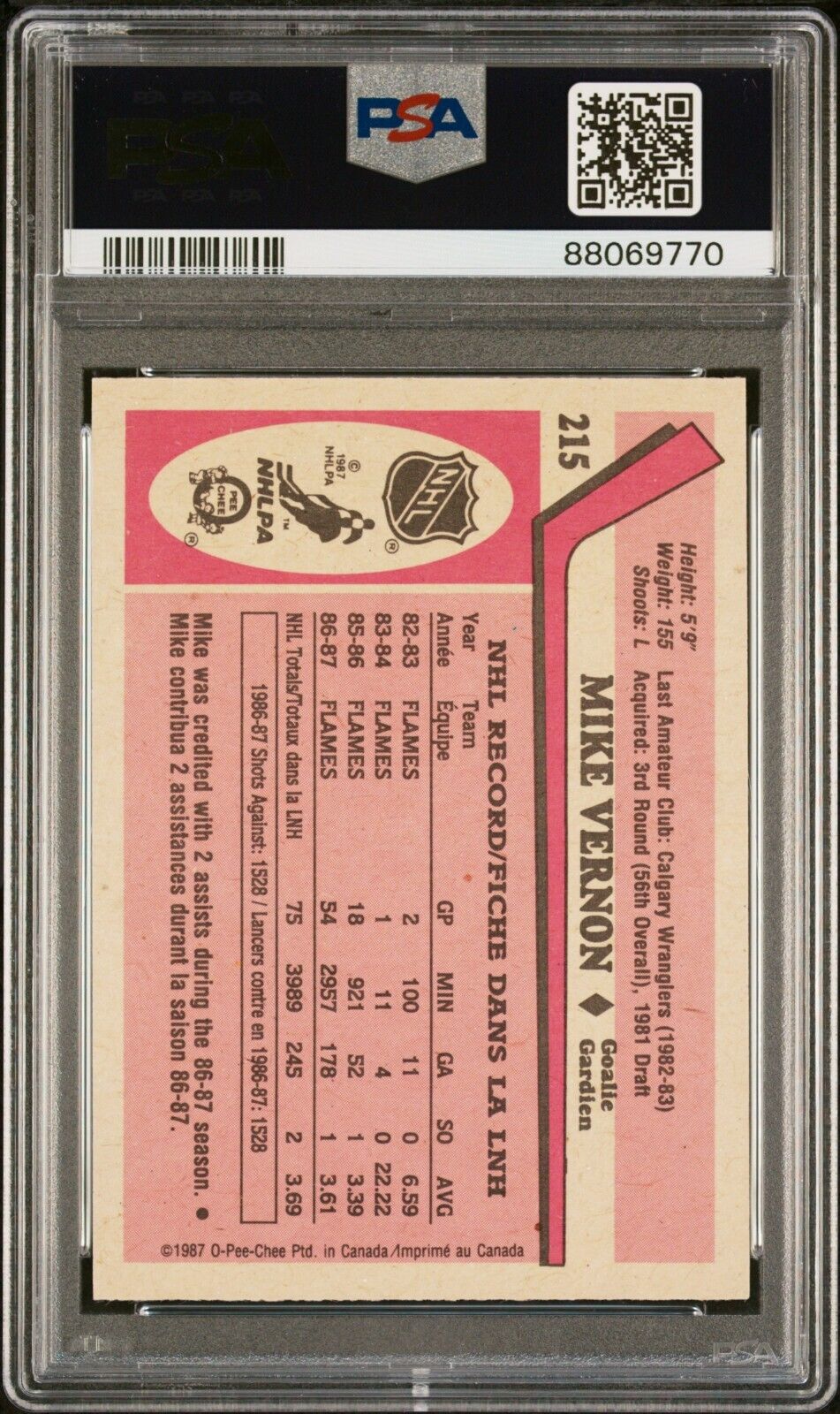 1987/88 O-Pee-Chee OPC Hockey #215 Mike Vernon Rookie Card RC PSA 9