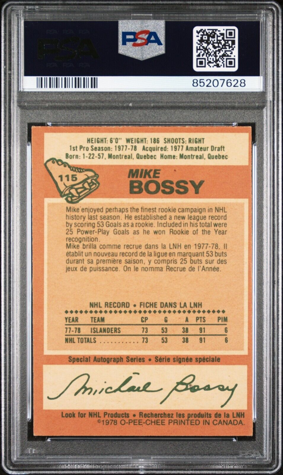 1978/79 O-Pee-Chee OPC Hockey #115 Mike Bossy Rookie Card RC PSA 7