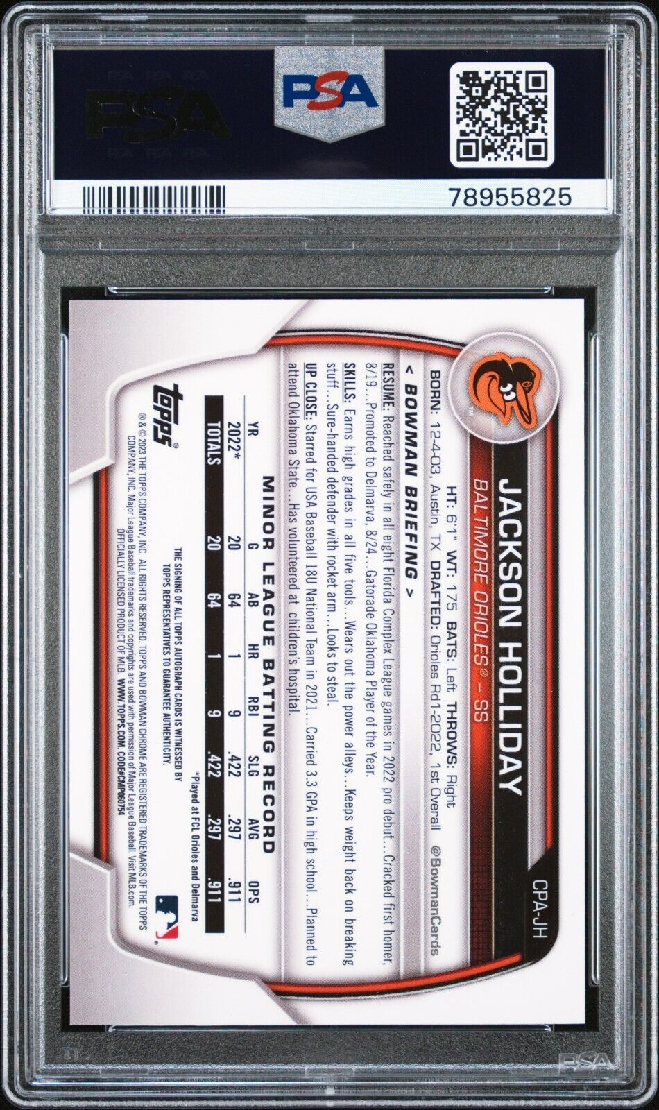 2023 Bowman Baseball Chrome Prospect Auto Jackson Holliday PSA 9