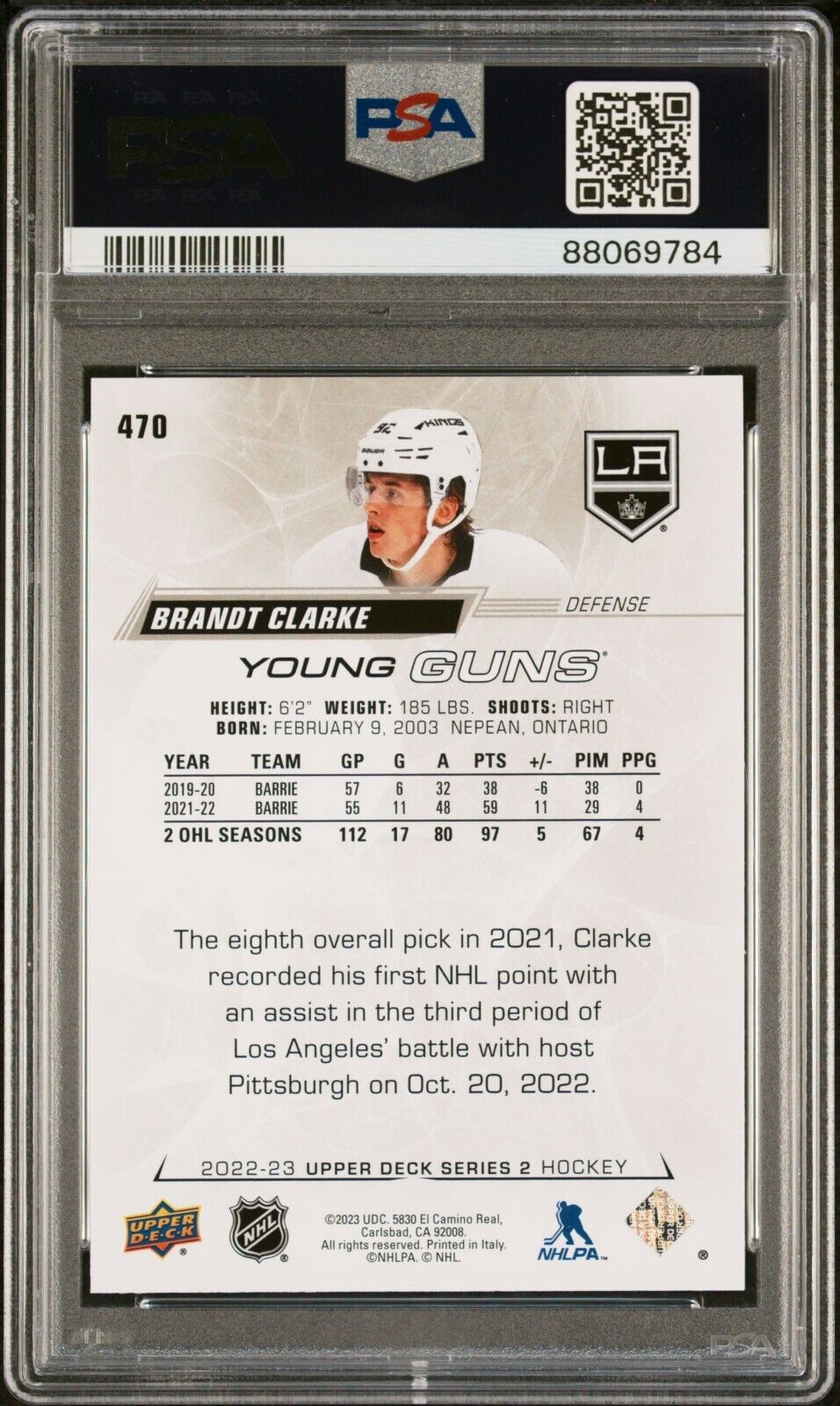 2022/23 Upper Deck Young Guns Hockey #470 Brandt Clarke Rookie Card RC PSA 10