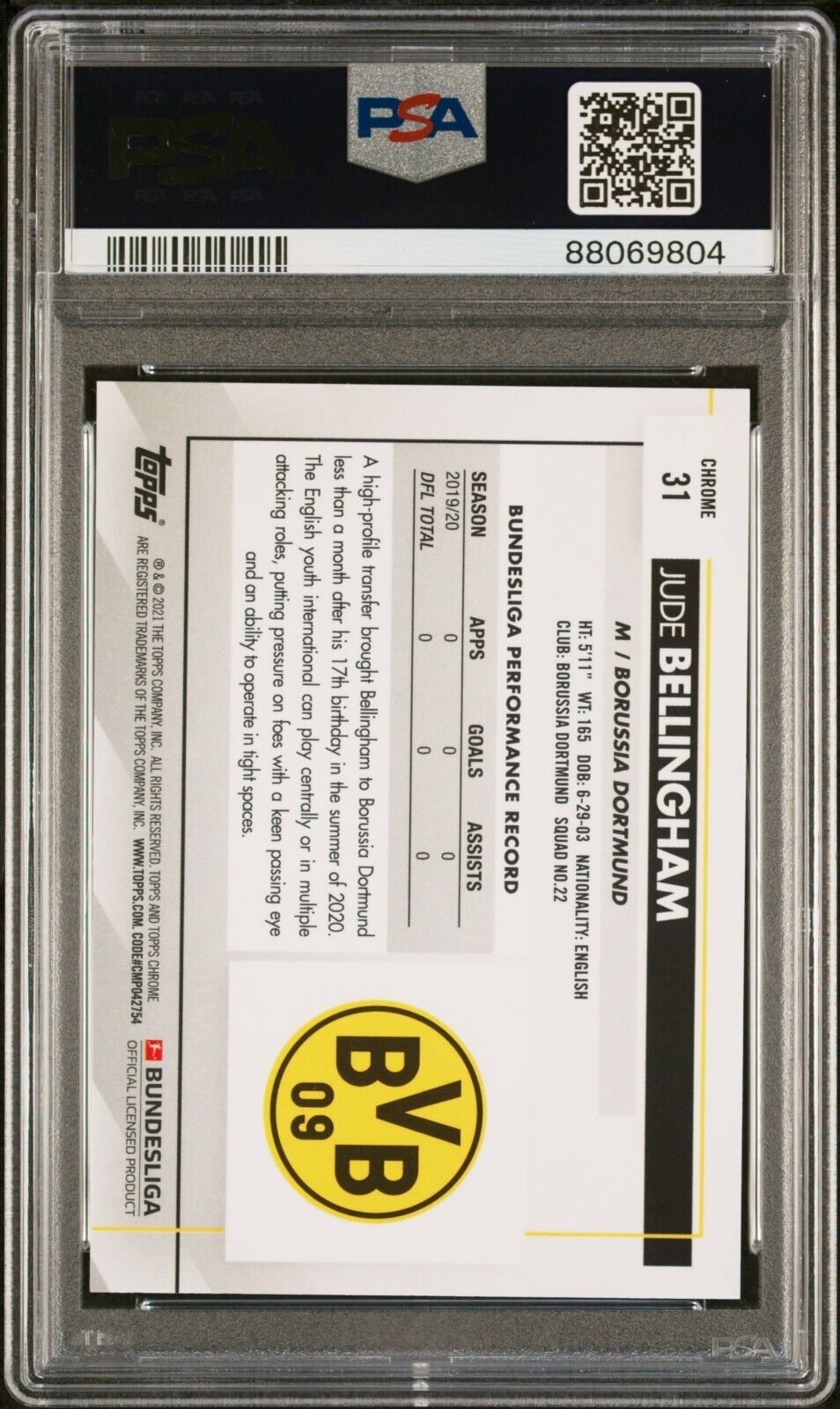 2020/21 Topps Chrome Bundesliga Soccer #31 Jude Bellingham Rookie Card RC PSA 10