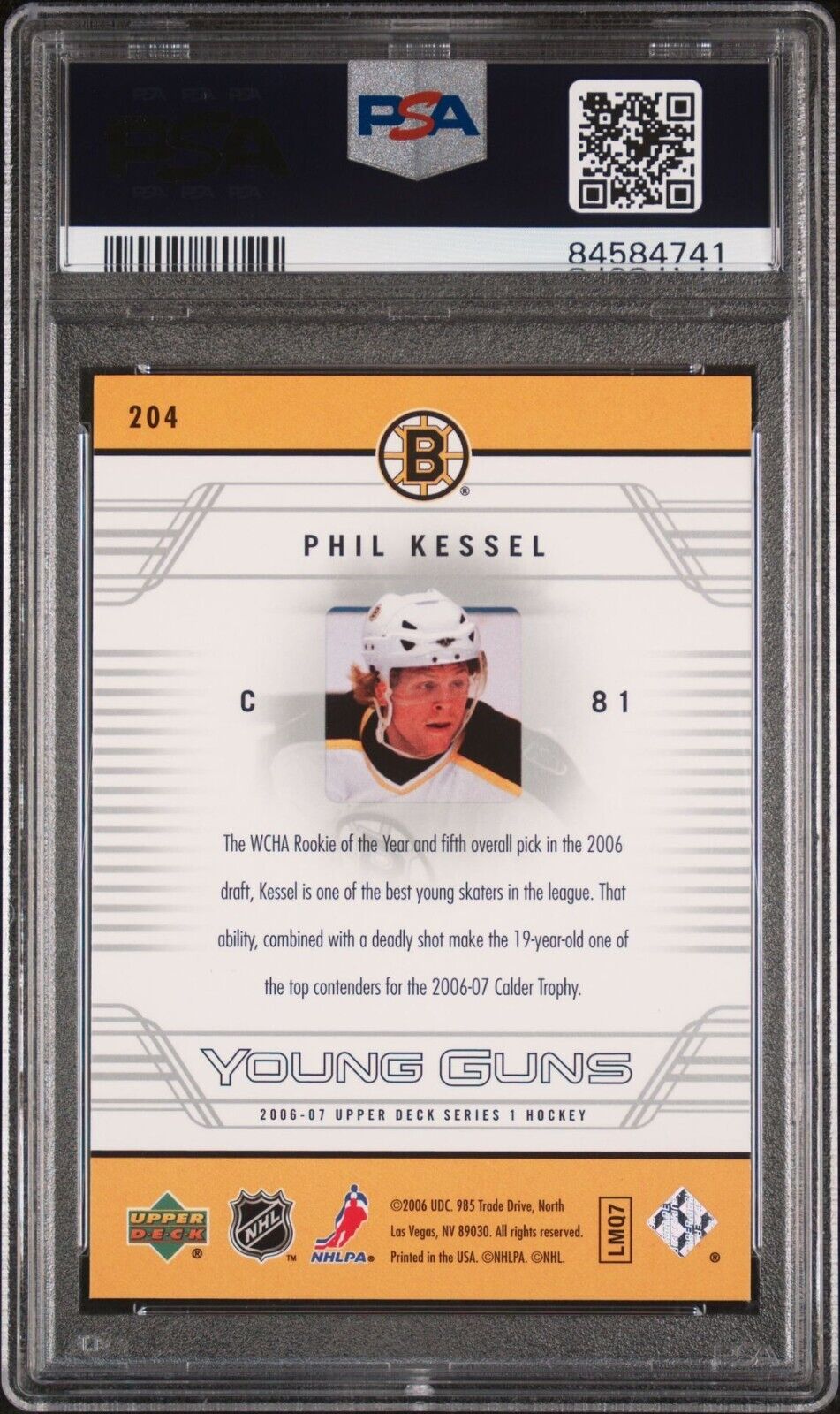 2006/07 Upper Deck Hockey Young Guns #204 Phil Kessel PSA 10 Rookie Card RC