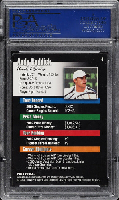 2003 Netpro Tennis #4 Andy Roddick Rookie Card RC PSA 10 - 643-collectibles