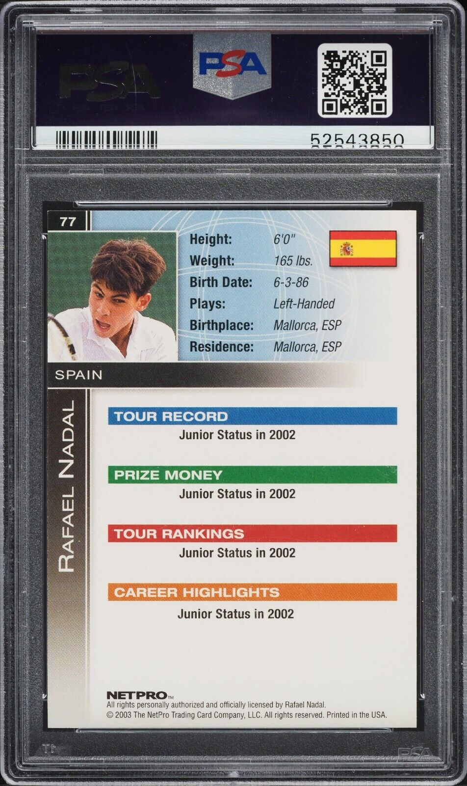 2003 Netpro International Series Tennis #77 Rafael Nadal Rookie Card RC PSA 10 - 643-collectibles