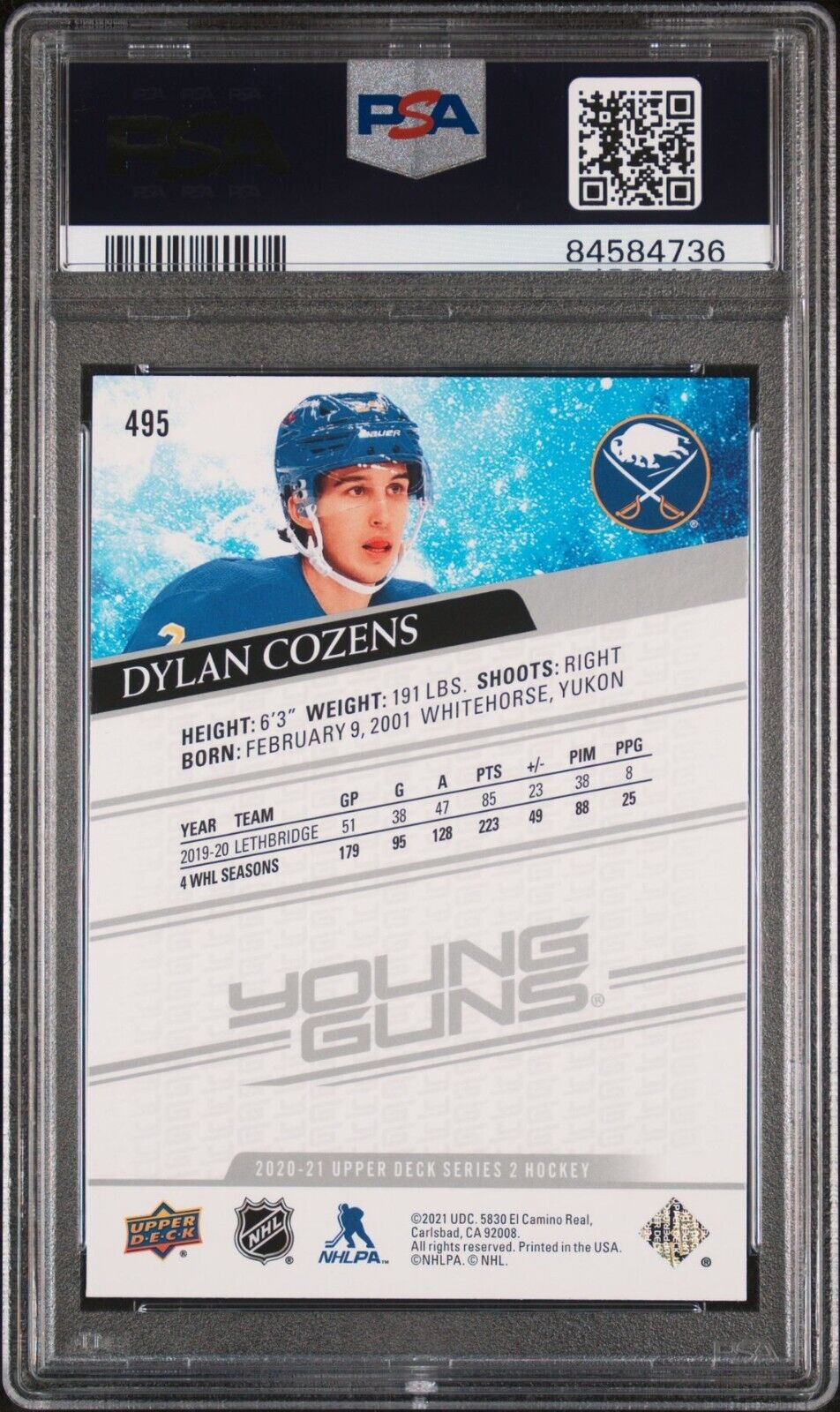 2020 Upper Deck Hockey Young Guns #495 Dylan Cozens PSA 10 Rookie Card RC - 643-collectibles