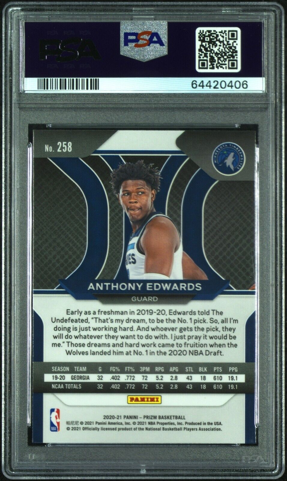 2020/21 Panini Prizm Basketball #258 Anthony Edwards Rookie Card RC PSA 10