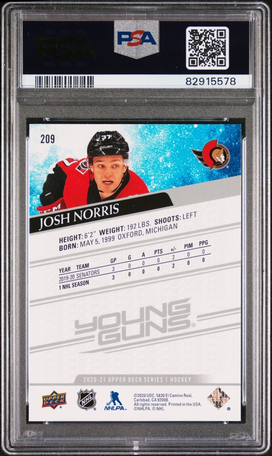 2020/21 Upper Deck Hockey Young Guns #209 Josh Norris Rookie Card RC PSA 10 - 643-collectibles