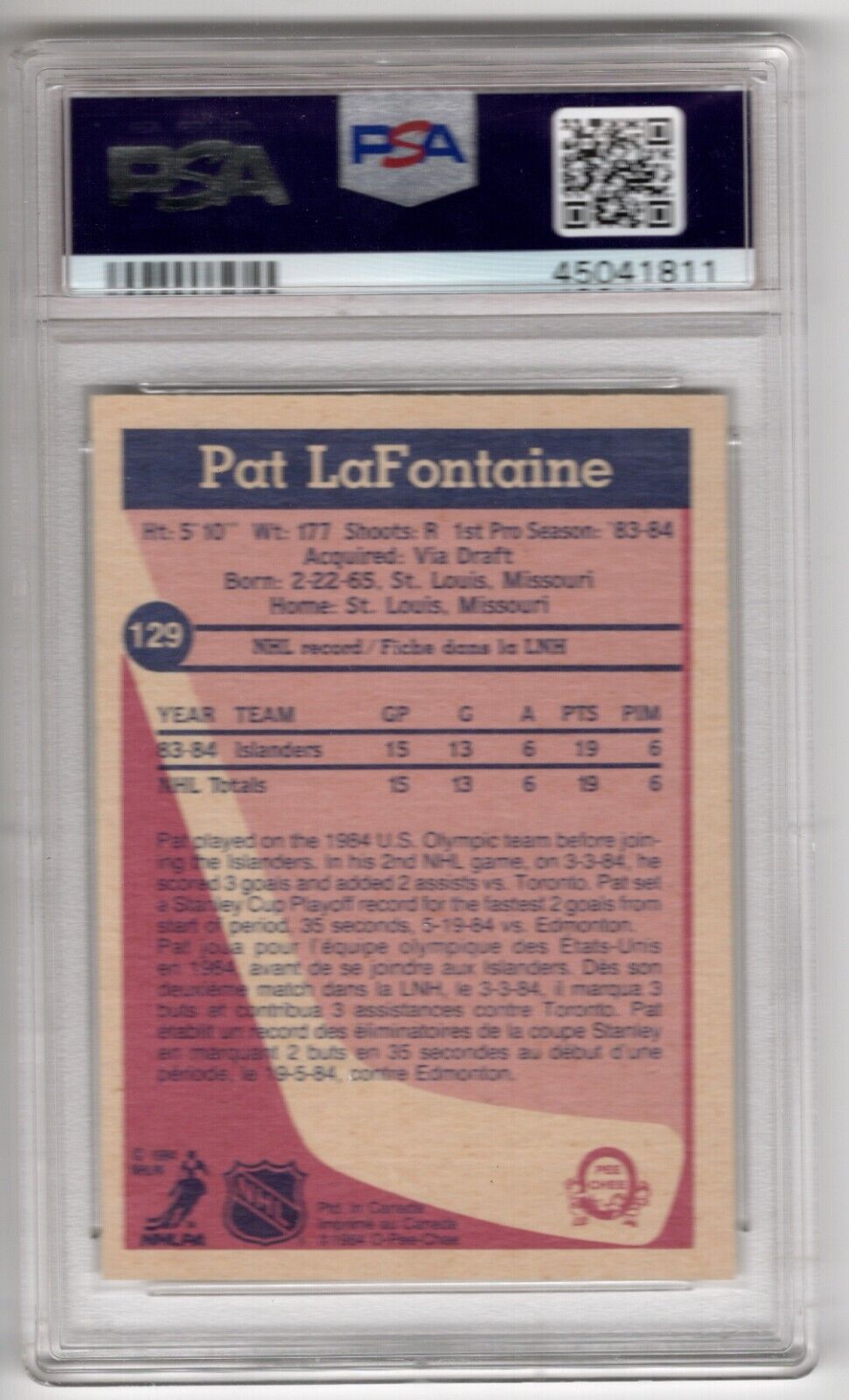 1984/85 O-Pee-Chee OPC Hockey #129 Pat Lafontaine Rookie Card RC PSA 8