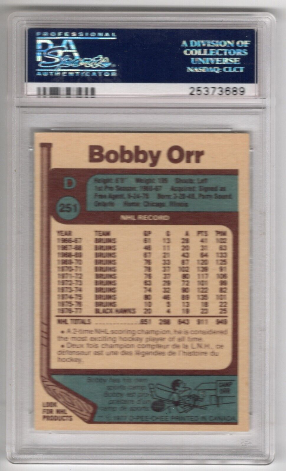 1977/78 O-Pee-Chee OPC Hockey #251 Bobby Orr PSA 8