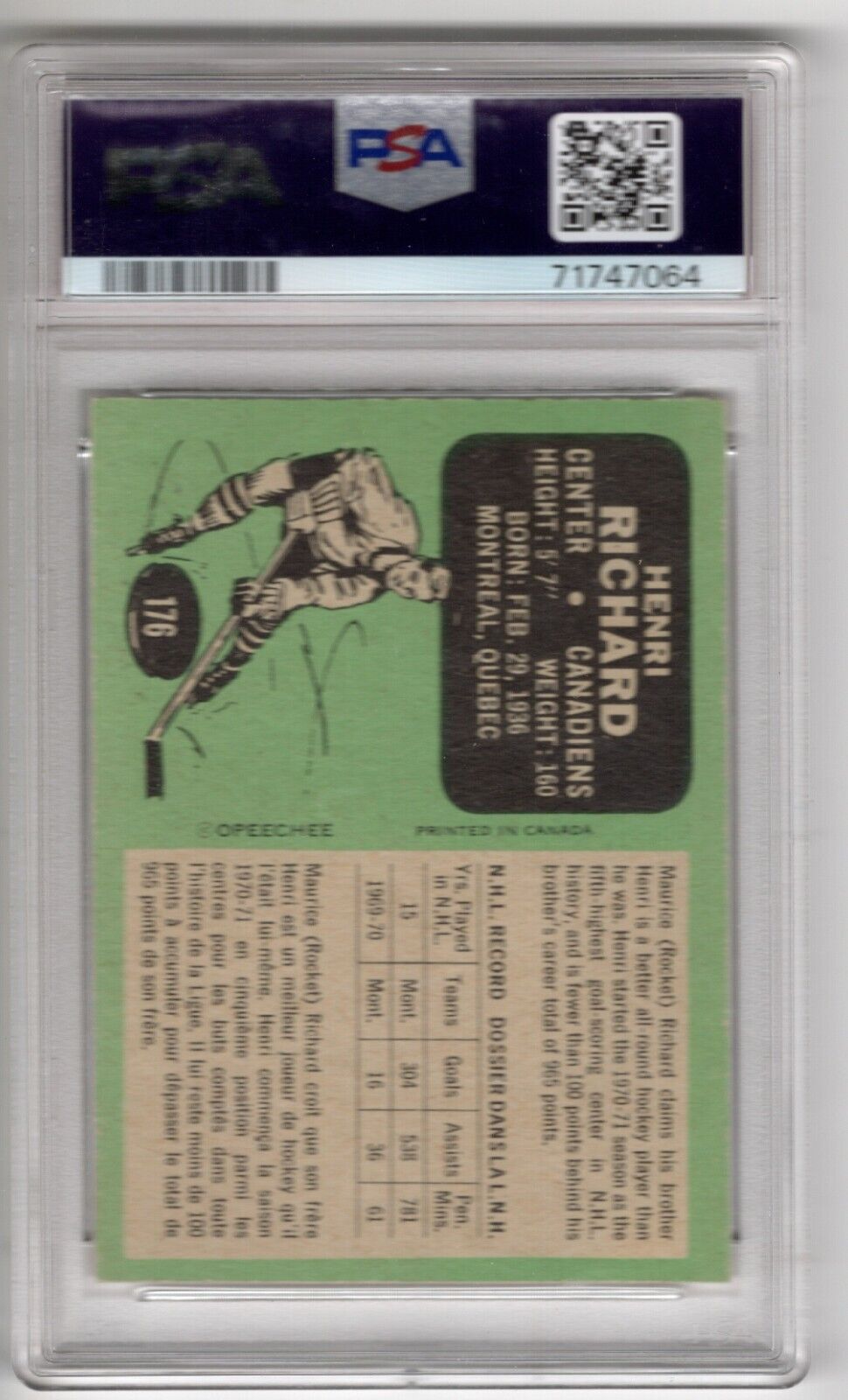 1970/71 O-Pee-Chee OPC Hockey #176 Henri Richard PSA 8