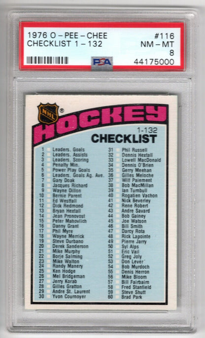 1976/77 O-Pee-Chee OPC Hockey #116 Checklist Card 1-132 PSA 8