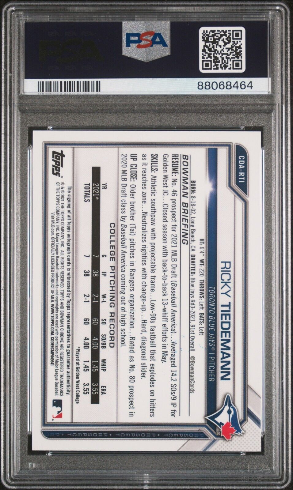 2021 1st Bowman Draft Chrome Prospect Auto #CDARTI Ricky Tiedemann Rookie PSA 9 - 643-collectibles