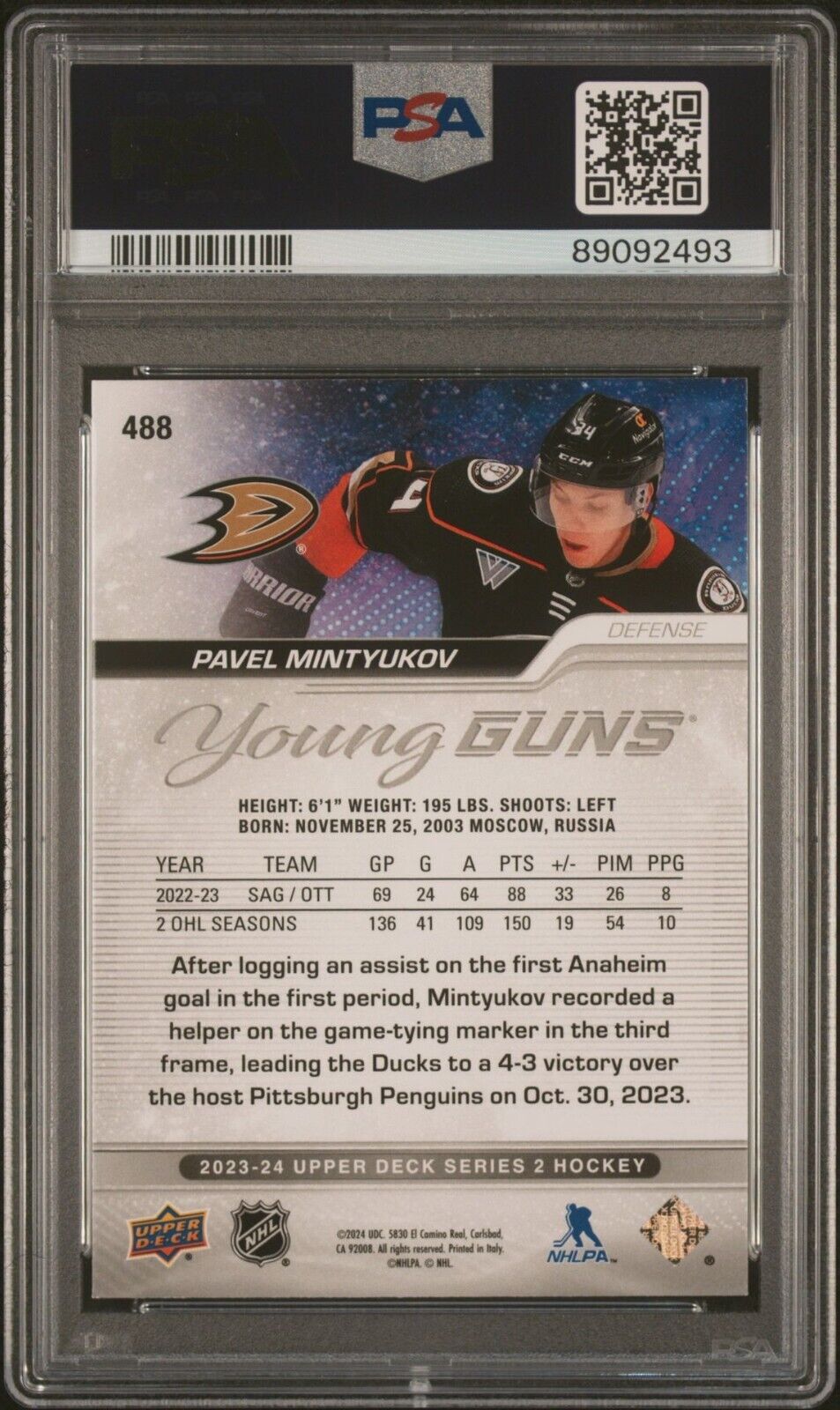 2023 Upper Deck Hockey Young Guns #488 Pavel Mintyukov Rookie Card RC PSA 10 - 643-collectibles