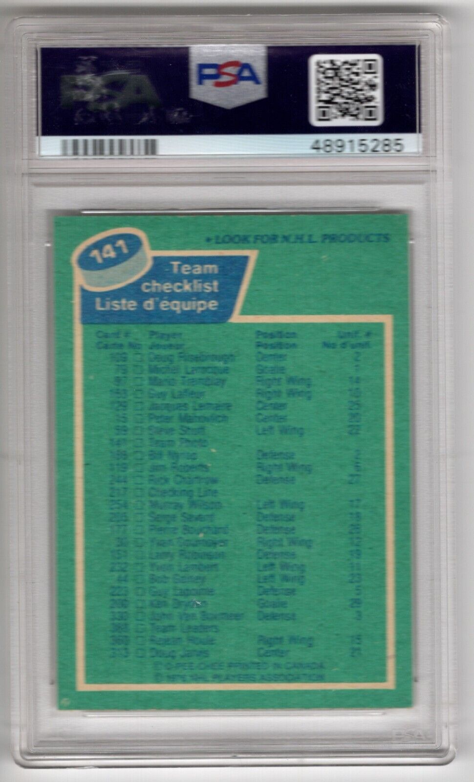 1976/77 O-Pee-Chee OPC Hockey #141 Montreal Canadiens Team Checklist PSA 8