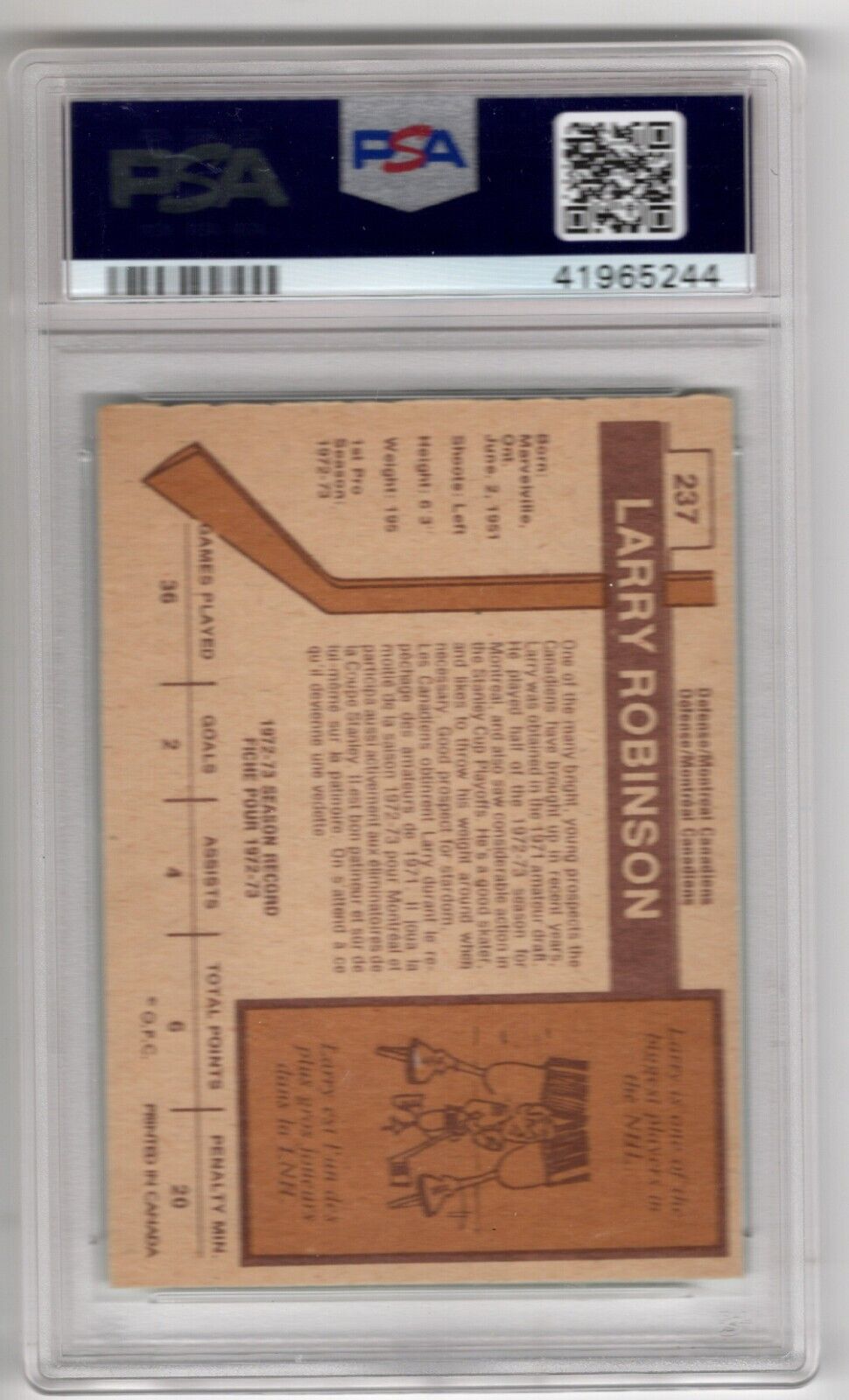 1973/74 O-Pee-Chee OPC Hockey #237 Larry Robinson Rookie Card RC PSA 8