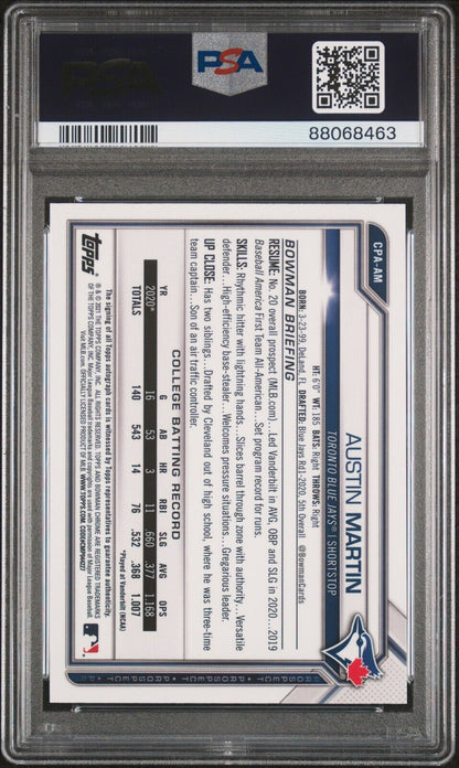 2021 1st Bowman Draft Chrome Prospect Auto #CPAAM Austin Martin Rookie RC PSA 10 - 643-collectibles