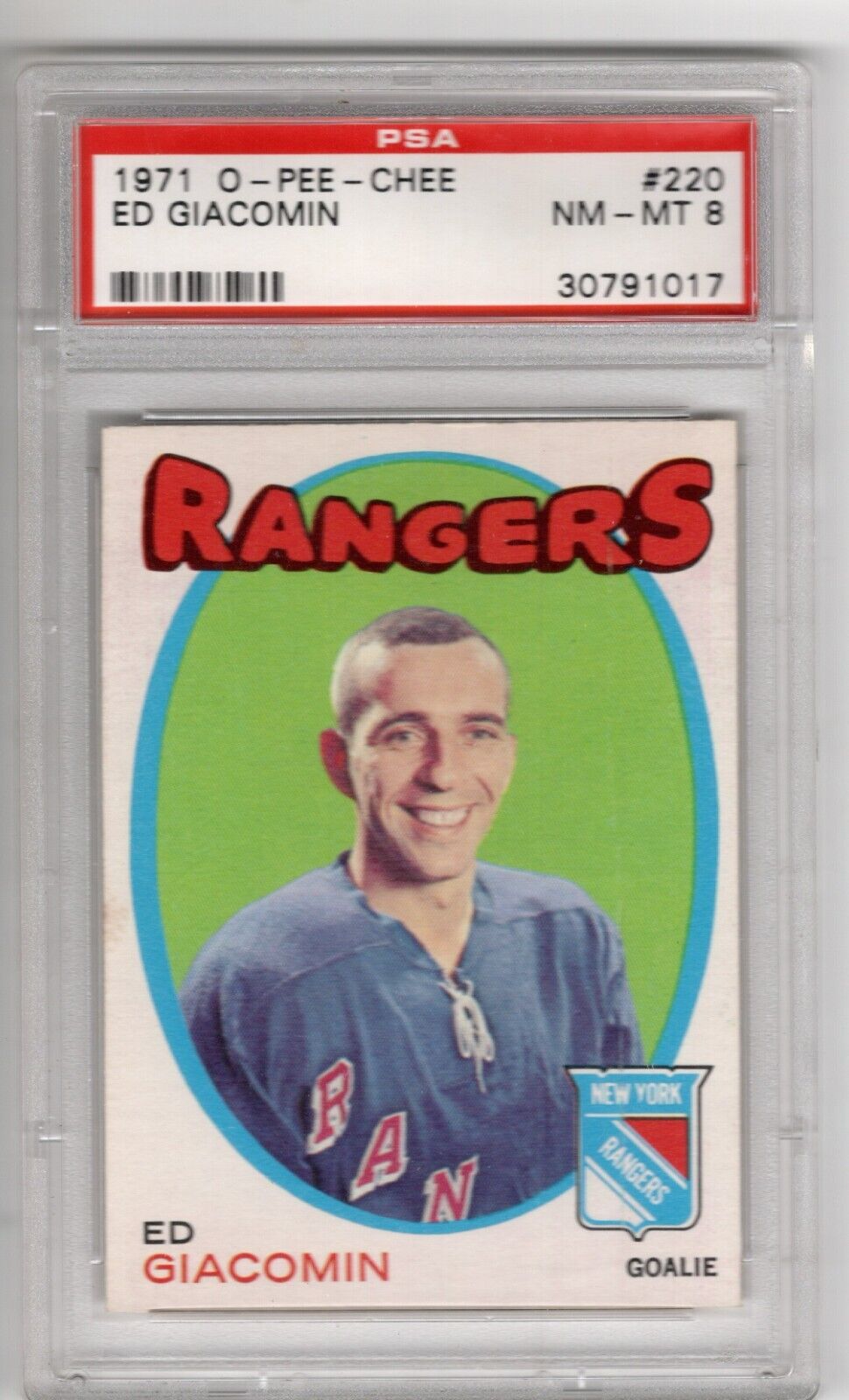 1971/72 O-Pee-Chee OPC Hockey #220 Ed Giacomin PSA 8