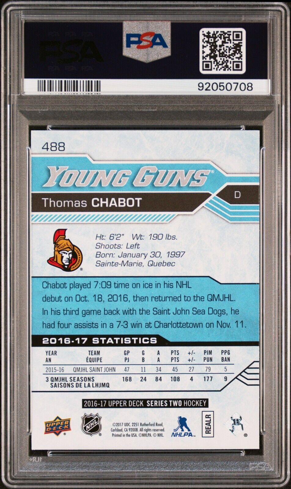 2016/17 Upper Deck Young Guns Hockey #488 Thomas Chabot Rookie Card RC PSA 10