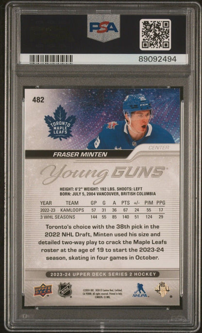 2023 Upper Deck Hockey Young Guns #482 Fraser Minten Rookie Card RC PSA 10 - 643-collectibles