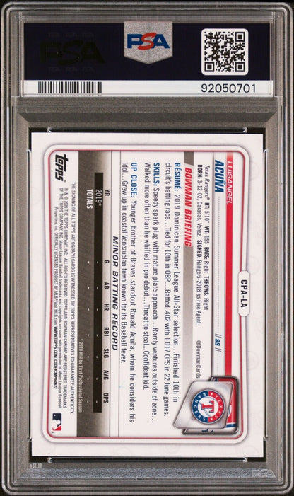 2020 1st Bowman Baseball Draft Chrome Prospect Auto Luisangel Acuna RC PSA 10