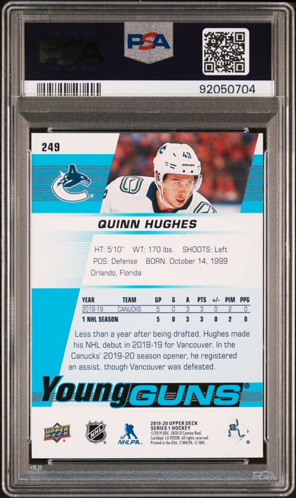 2019/20 Upper Deck Young Guns Hockey #249 Quinn Hughes Rookie Card RC PSA 10