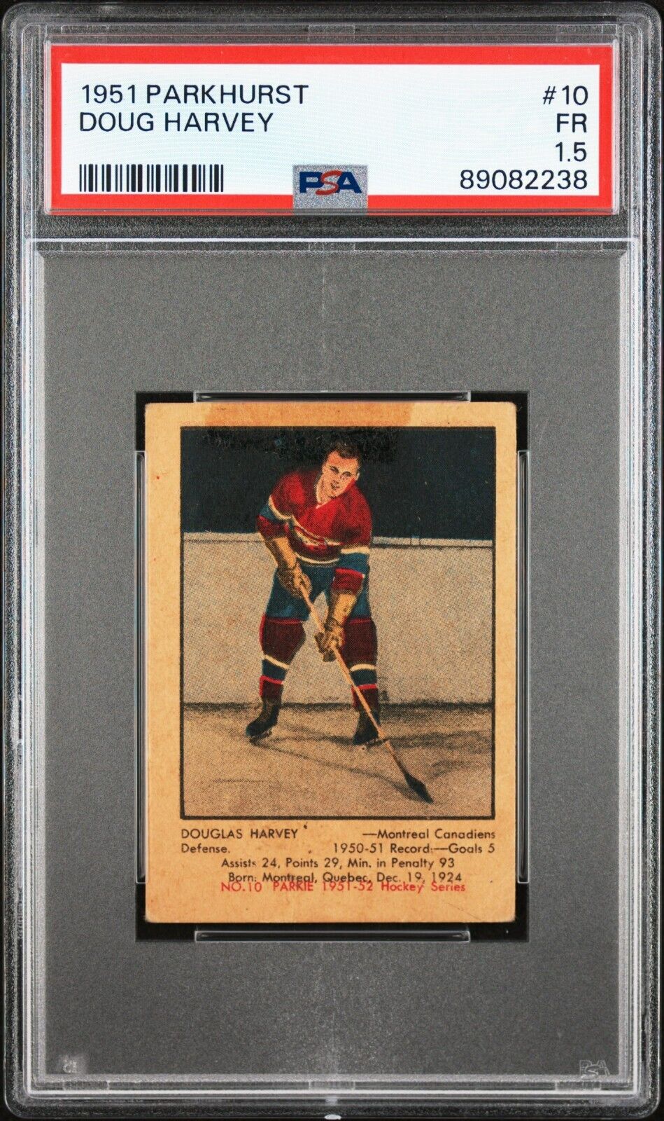 1951/52 Parkhurst Hockey #10 Doug Harvey Rookie Card RC PSA 1.5