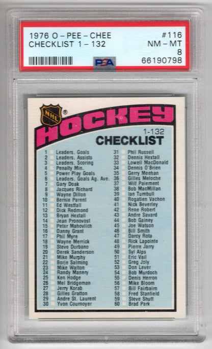 1976/77 O-Pee-Chee OPC Hockey #116 Checklist Card 1-132 PSA 8