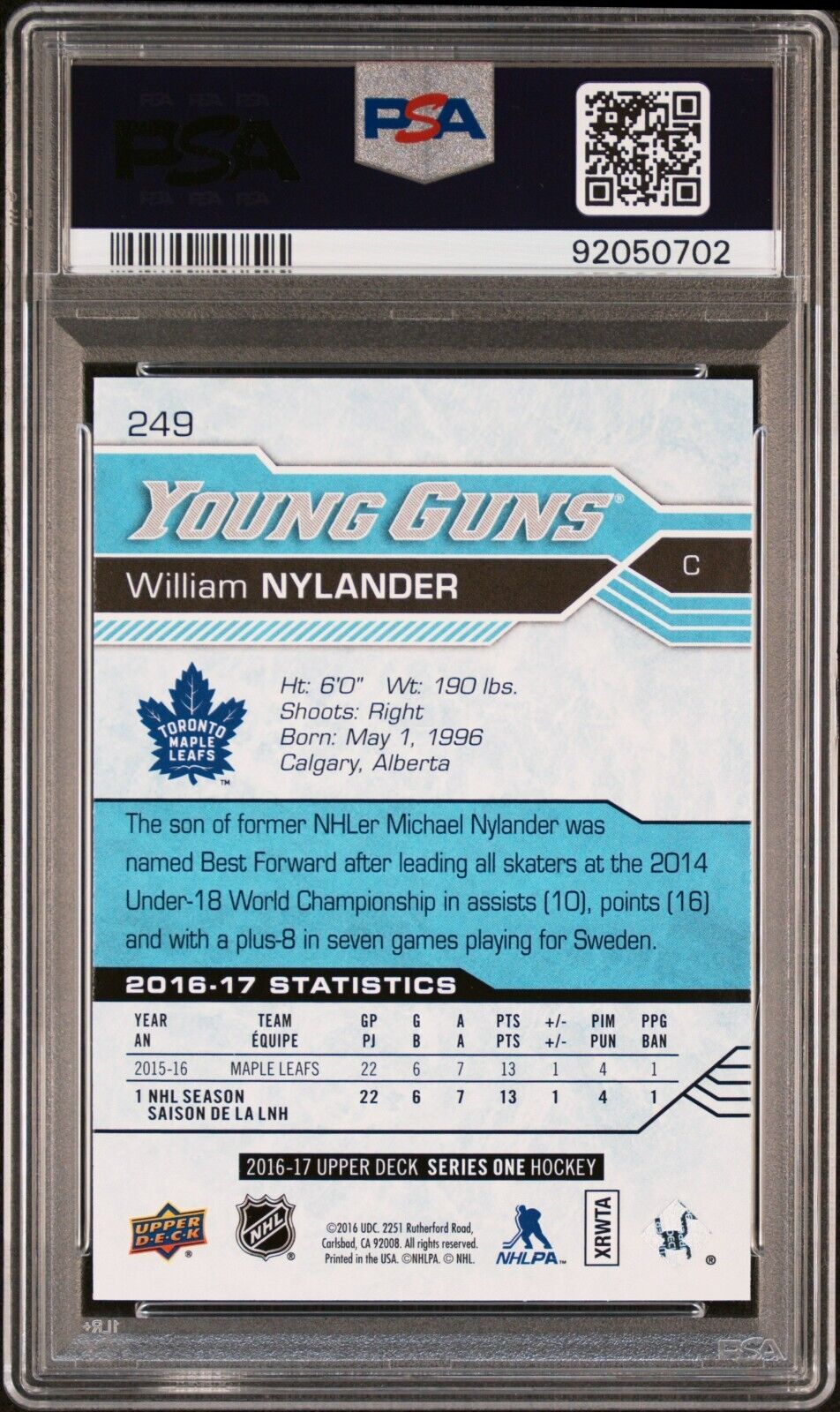 2016/17 Upper Deck Young Guns Hockey #249 William Nylander Rookie Card RC PSA 10