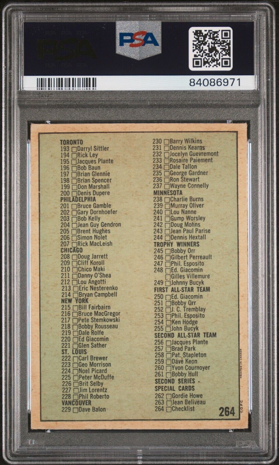 1971/72 O-Pee-Chee OPC Hockey #264 Checklist Card PSA 5