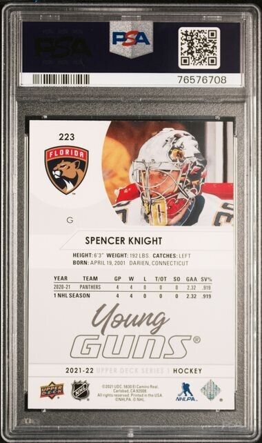 2021/22 Upper Deck Hockey Young Guns #223 Spencer Knight Rookie Card RC PSA 10 - 643-collectibles