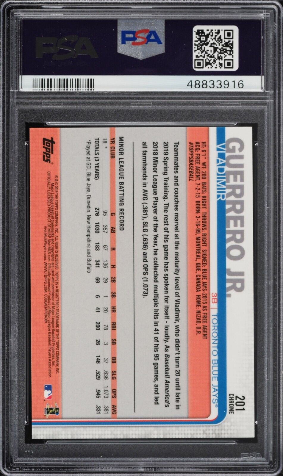 2019 Topps Chrome Baseball #201 Vladimir Guerrero Jr. Rookie Card RC PSA 10 - 643-collectibles