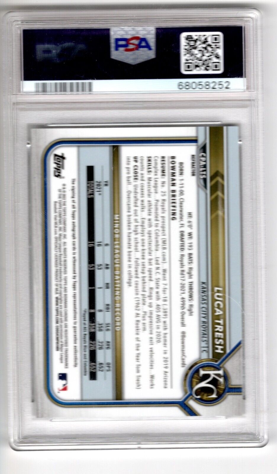 2022 Bowman Chrome DP Auto Refractor /499 Baseball Luca Tresh RC PSA 10 Auto 10 - 643-collectibles