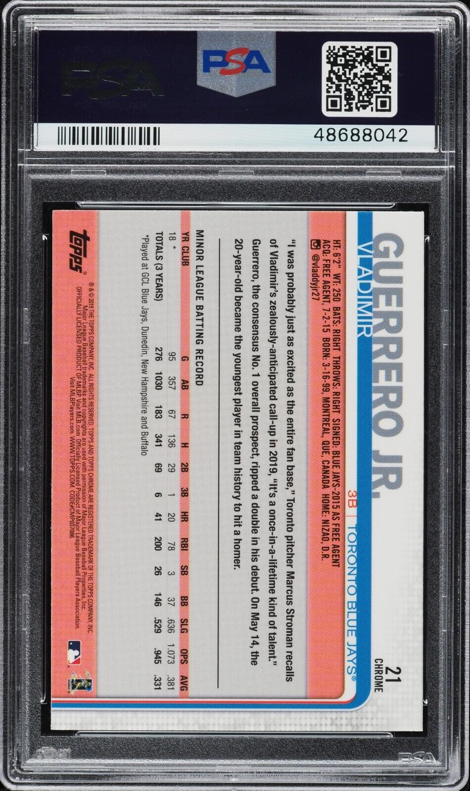 2019 Topps Chrome Update Baseball #21 Vladimir Guerrero Jr. RC PSA 10 - 643-collectibles