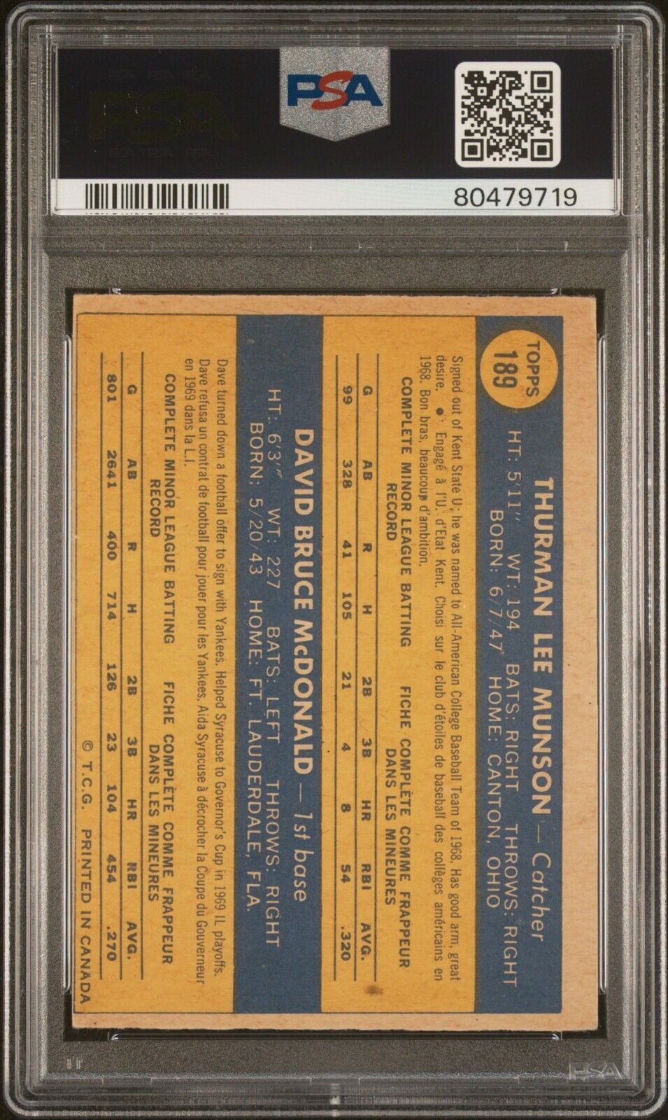 1970 O-Pee-Chee OPC Baseball #189 Yankees Rookies Munson/McDonald PSA 4 RC - 643-collectibles